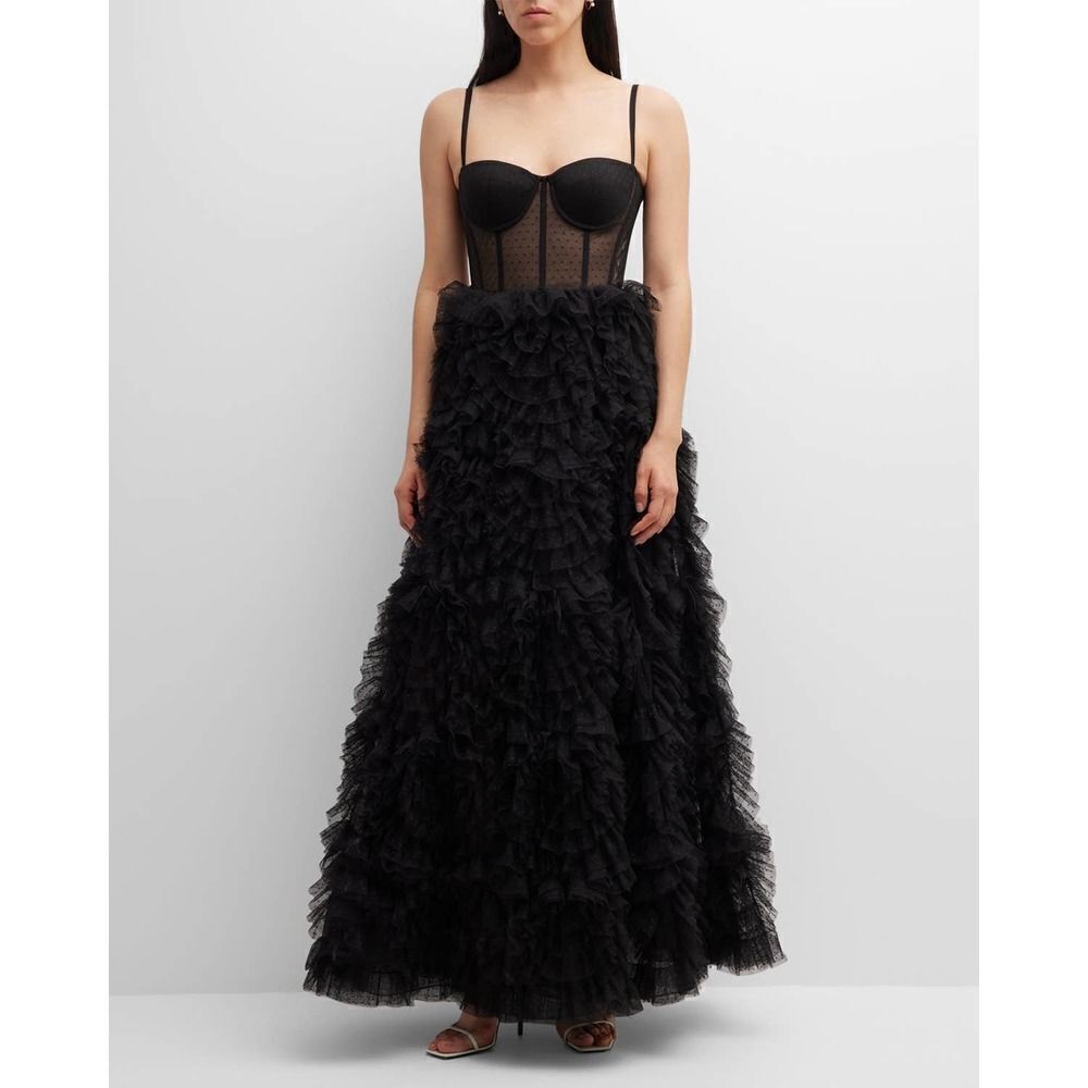 Marchesa polka dot ruffle tulle bustier gown black US4
